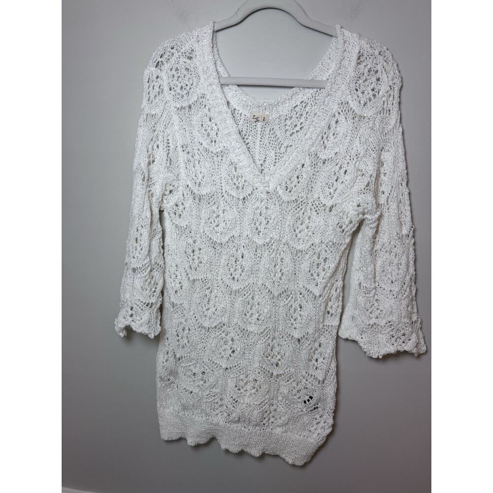 Pol Women's Open Knit White Quarter Sleeve Sweater Size Small